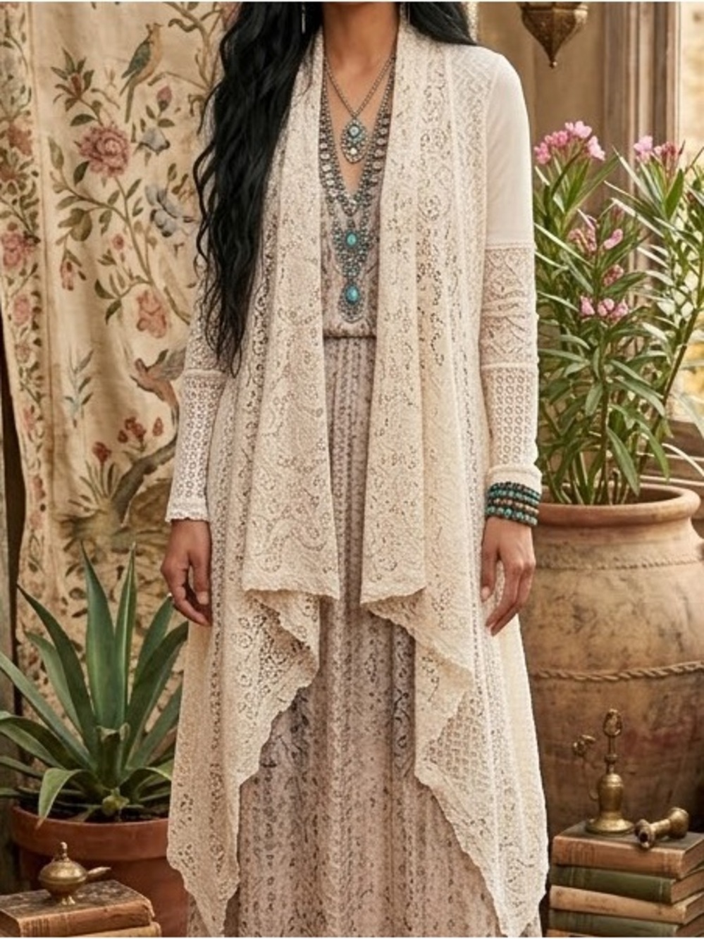 Aratta Silent Journey Shawl Thermal Lace Crochet Open Waterfall Cardigan Small